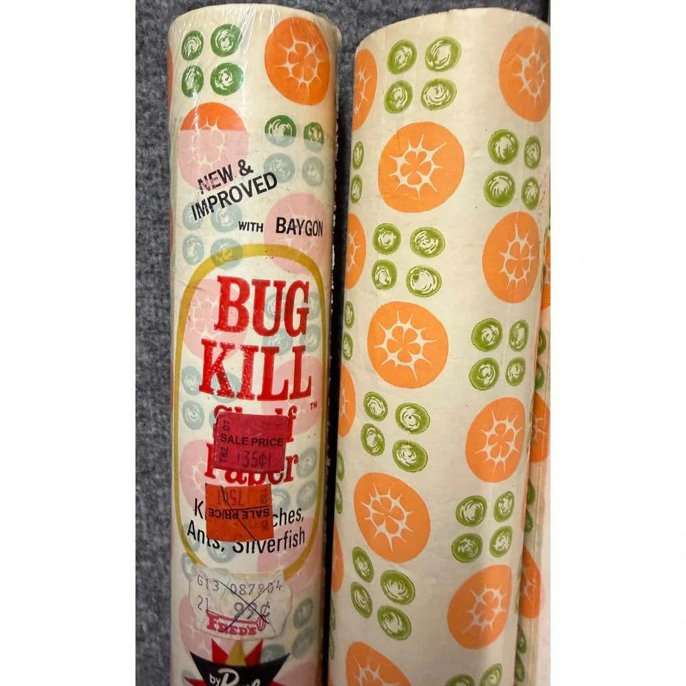 Vintage Bug Kill Shelf Paper by Rave Baygon Treated 5 Rolls Orange Green Floral
